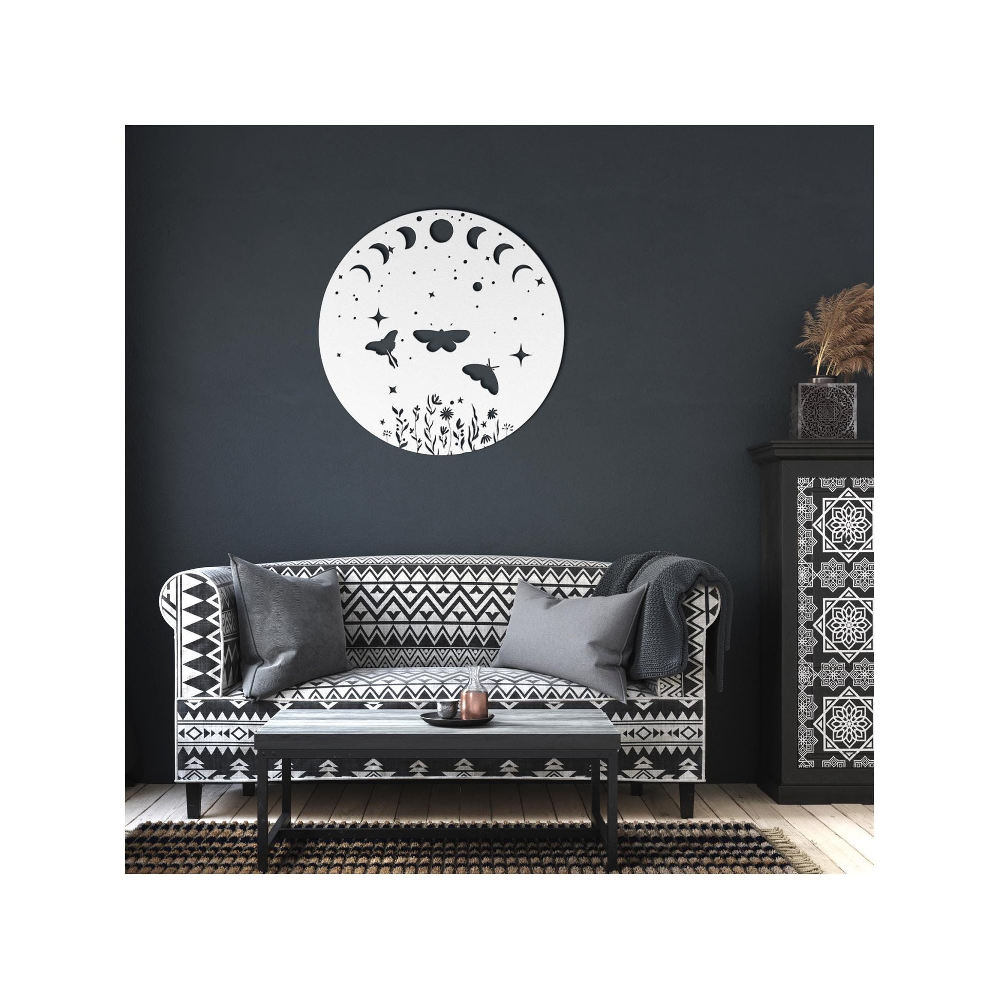 Luxury Metal Wall Art | Moon Phases & Moths Design | Premium 18 Gauge Steel | Floral and Starry Decor | Indoor and Outdoor Boho Decoration
