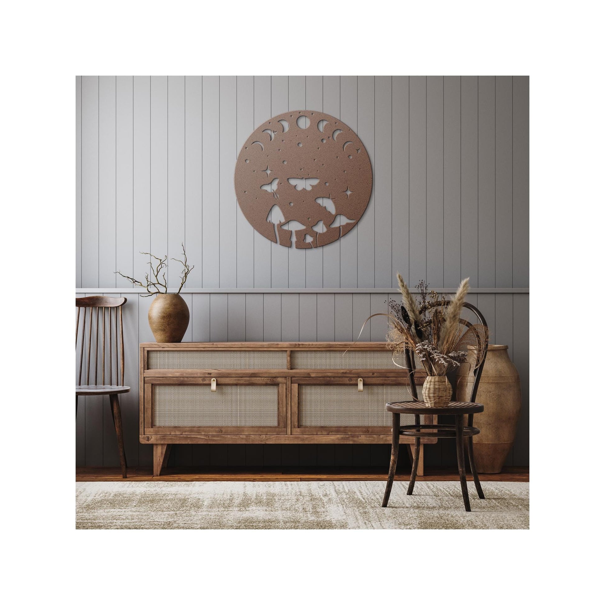 Luxury Metal Wall Art | Moon Phases and Moths with Mushrooms | Premium 18 Gauge Steel | Boho Floral and Starry Decor | Indoor & Outdoor