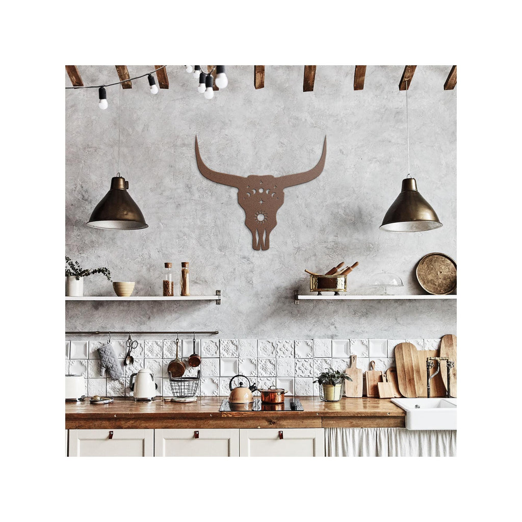 Luxury Cow Skull Metal Wall Art | Moon Phases and Sun Design | Premium 18 Gauge Steel | Rustic Indoor & Outdoor Home Decor