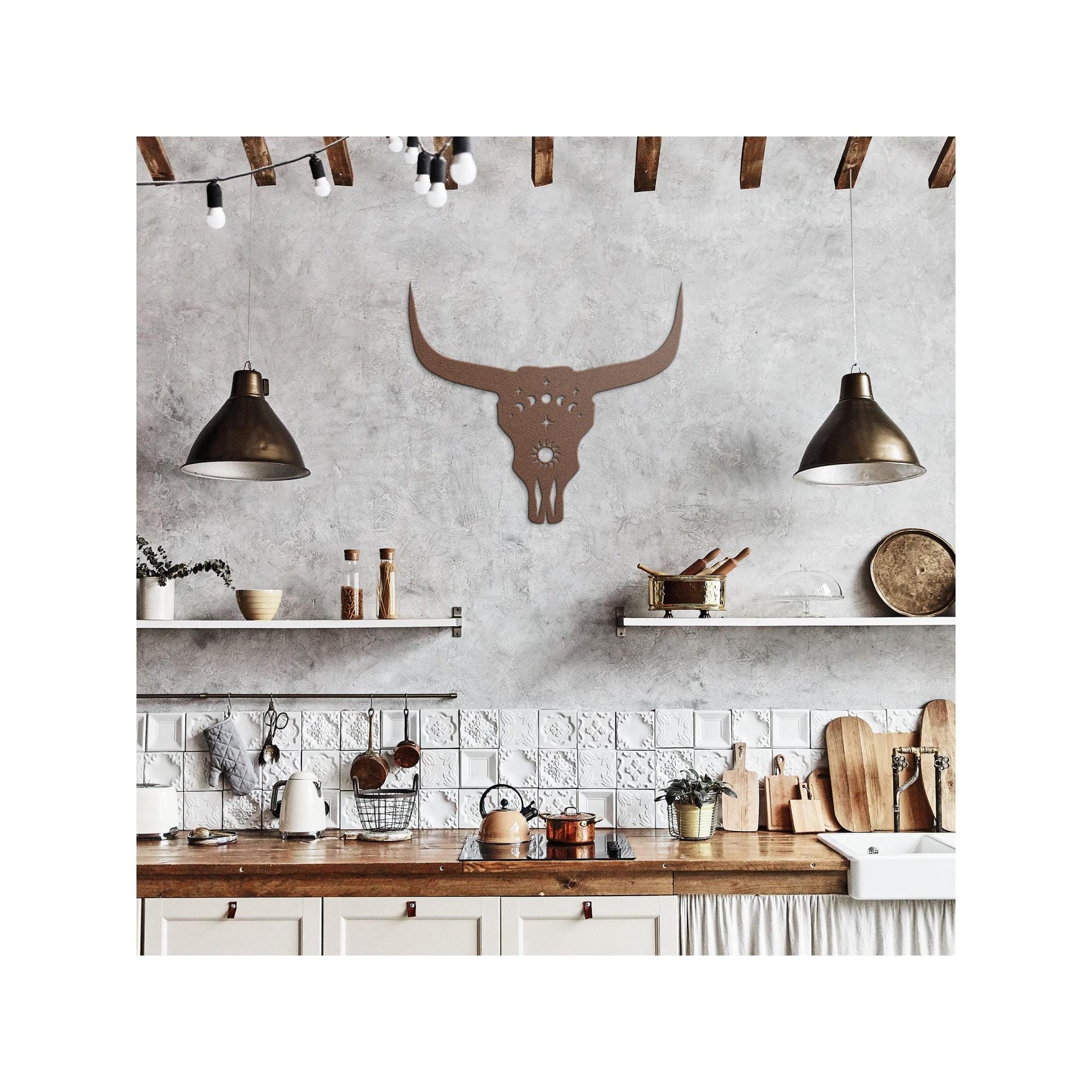 Luxury Cow Skull Metal Wall Art | Moon Phases and Sun Design | Premium 18 Gauge Steel | Rustic Indoor & Outdoor Home Decor