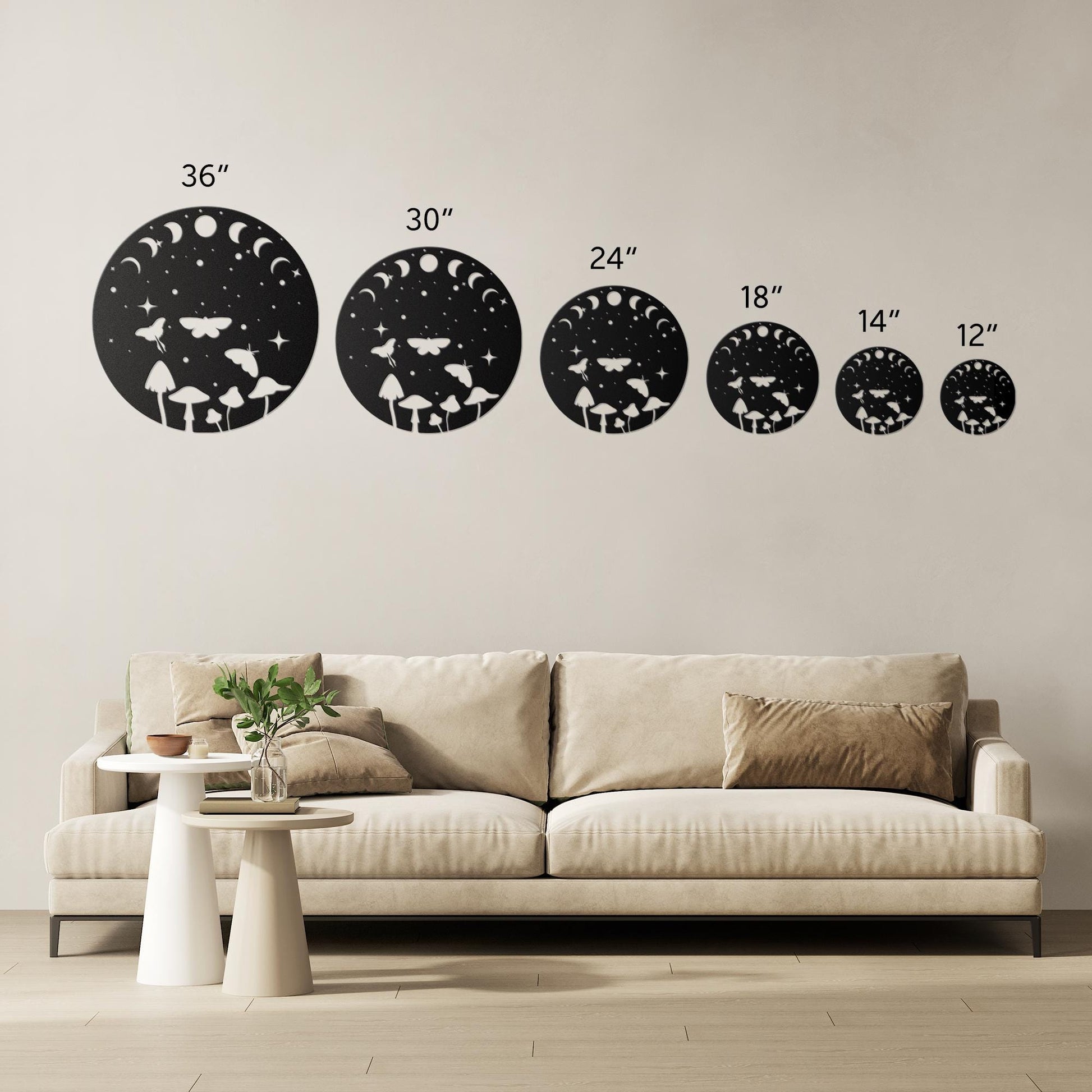 Luxury Metal Wall Art | Moon Phases and Moths with Mushrooms | Premium 18 Gauge Steel | Boho Floral and Starry Decor | Indoor & Outdoor