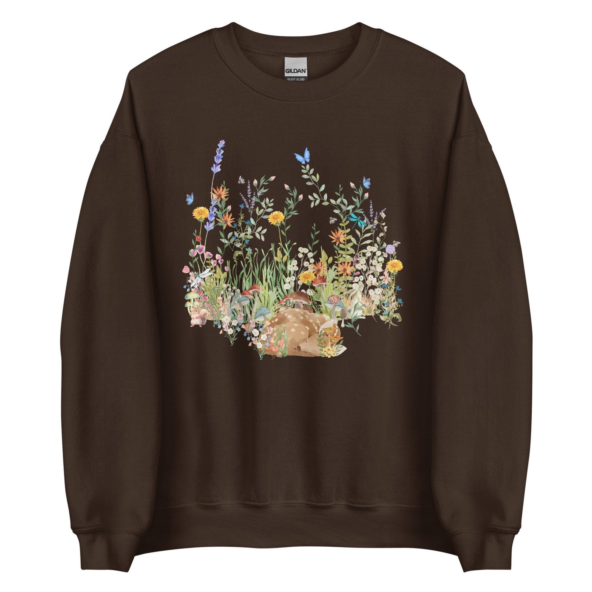 Watercolor Fawn Deer Sweatshirt | Sleeping Deer & Wildflowers | Cottagecore and Boho Style | Nature-Inspired Animal Sweatshirt