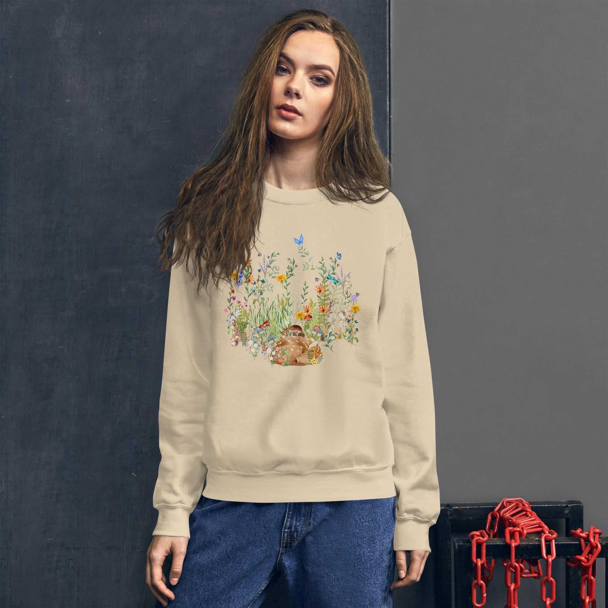 Watercolor Fawn Deer Sweatshirt | Sleeping Deer & Wildflowers | Cottagecore and Boho Style | Nature-Inspired Animal Sweatshirt