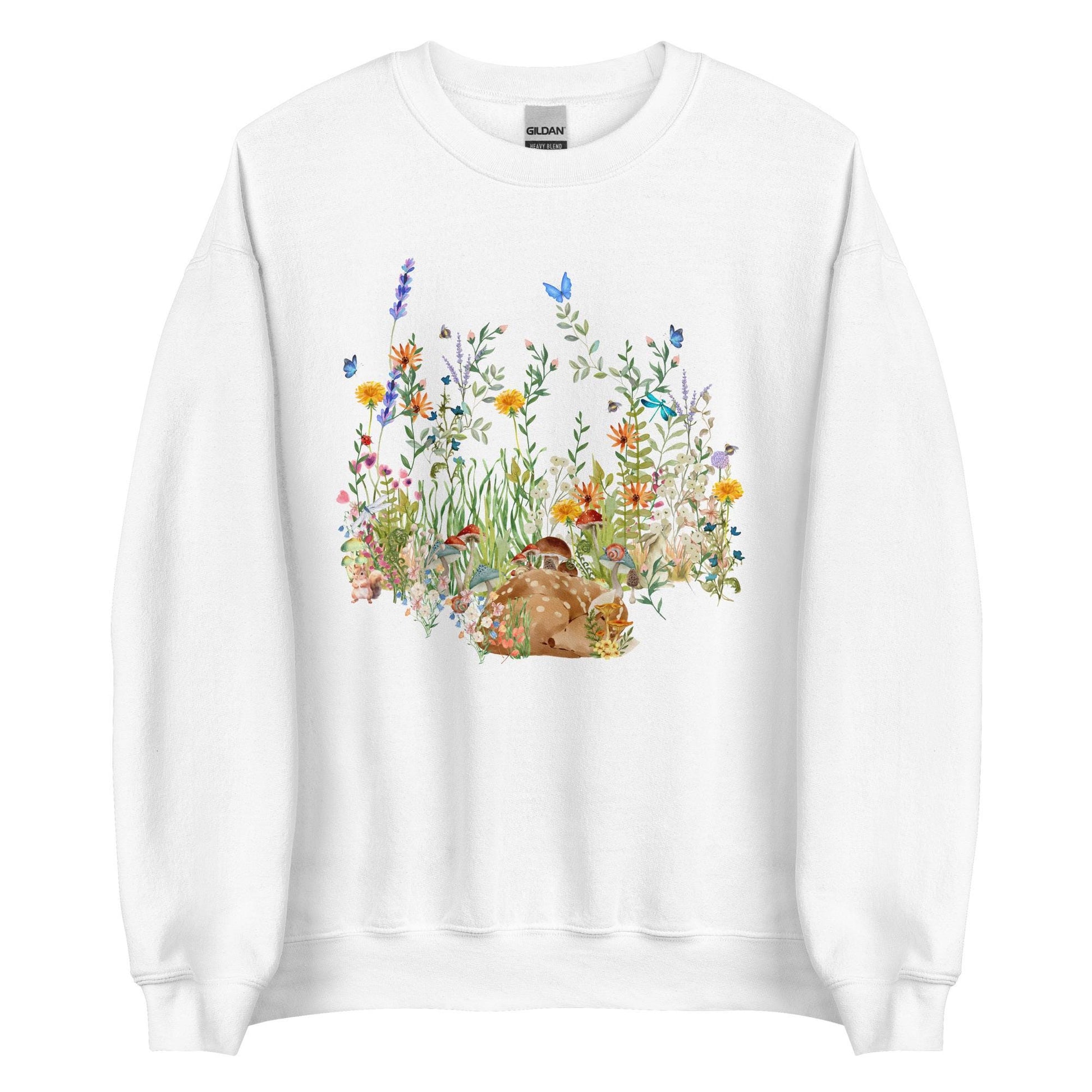 Watercolor Fawn Deer Sweatshirt | Sleeping Deer & Wildflowers | Cottagecore and Boho Style | Nature-Inspired Animal Sweatshirt