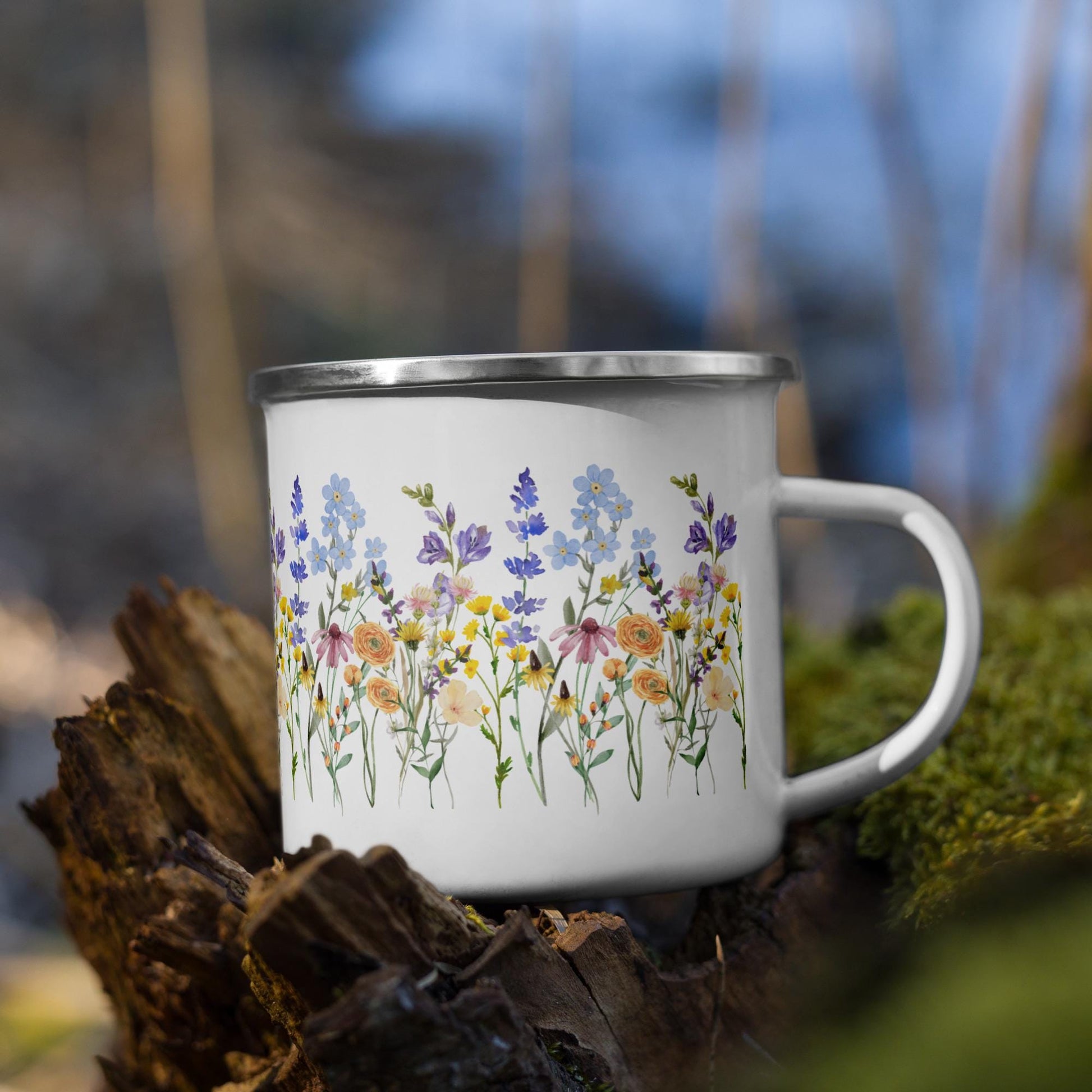 Watercolor Wildflowers | Enamel Mug | Camping Mug | Botanical Floral Gift for Outdoors and Nature Lovers