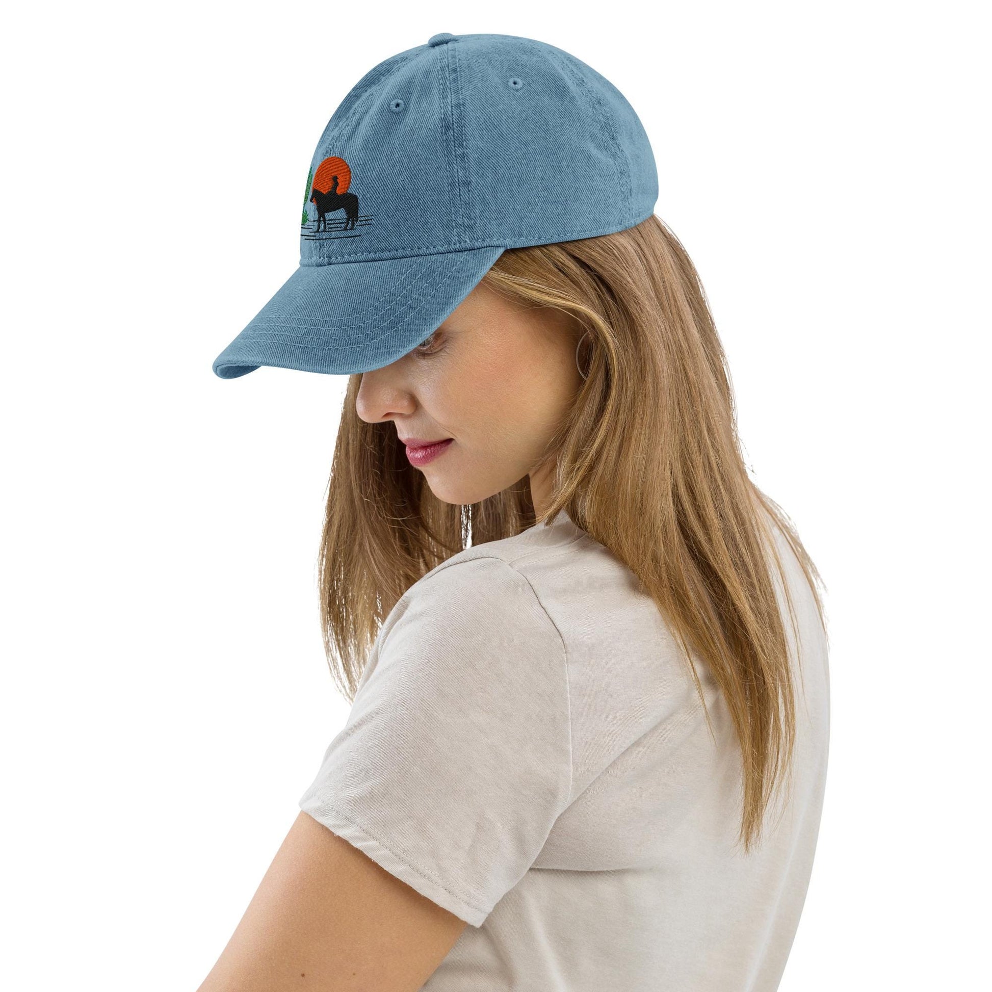 Western Denim Hat with Horse Rider Embroidery | Sun & Saguaro Cactus Design | Unique Gift for Horse Lovers