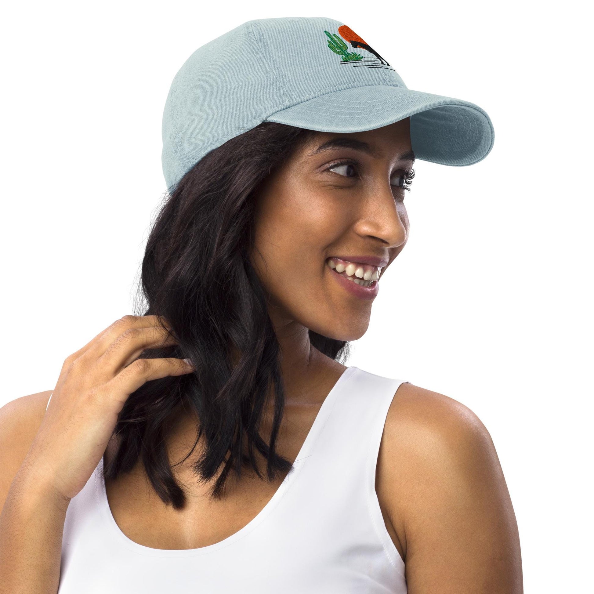 Western Denim Hat with Horse Rider Embroidery | Sun & Saguaro Cactus Design | Unique Gift for Horse Lovers