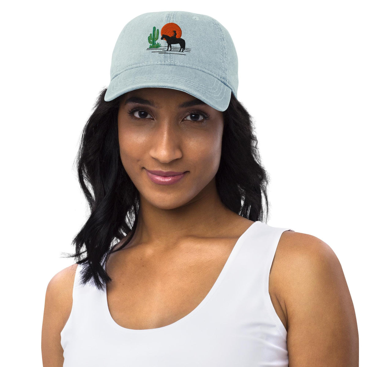 Western Denim Hat with Horse Rider Embroidery | Sun & Saguaro Cactus Design | Unique Gift for Horse Lovers