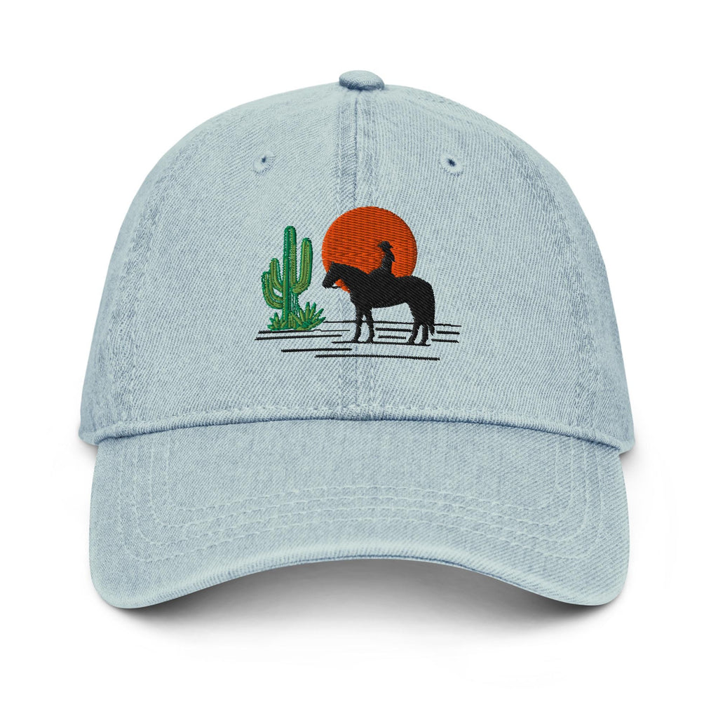 Western Denim Hat with Horse Rider Embroidery | Sun & Saguaro Cactus Design | Unique Gift for Horse Lovers
