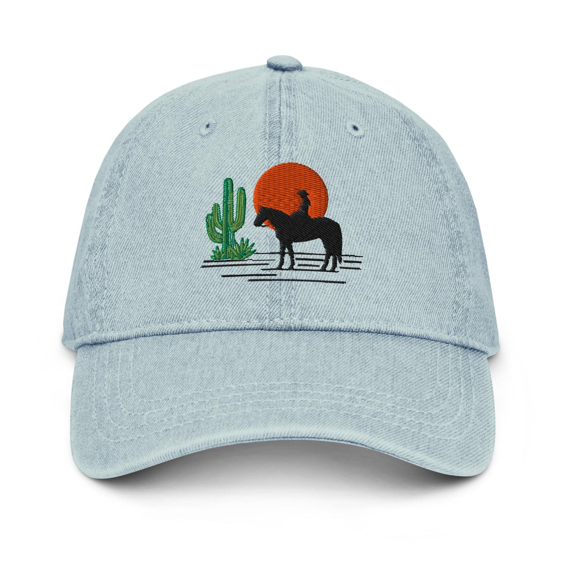 Western Denim Hat with Horse Rider Embroidery | Sun & Saguaro Cactus Design | Unique Gift for Horse Lovers