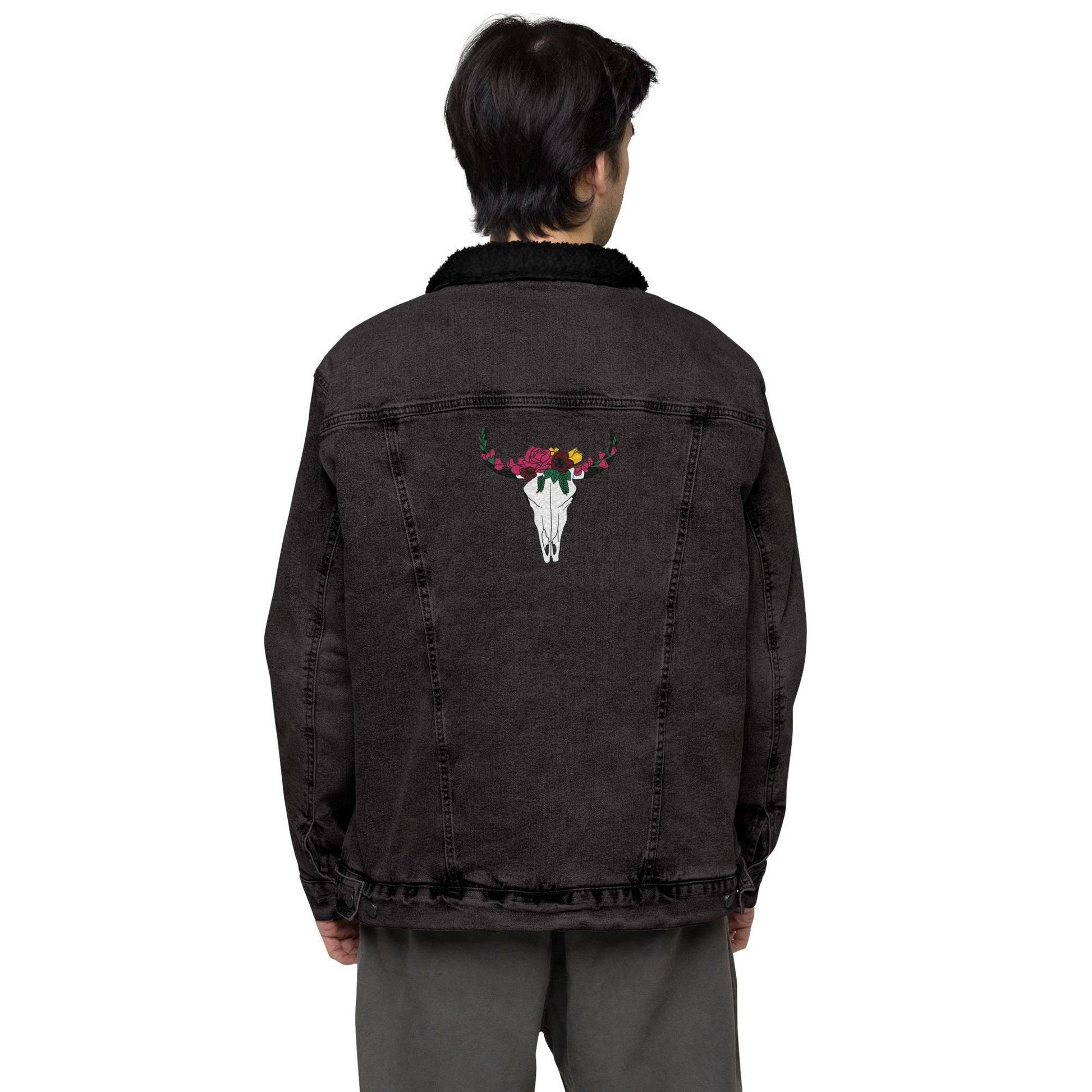 Embroidered Floral Cow Skull Denim Sherpa Jacket | Unisex Jean Jacket | Western Boho Style Outerwear