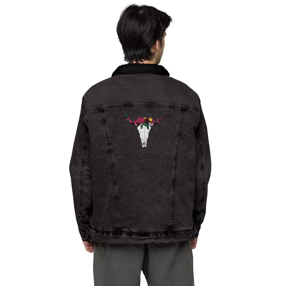 Embroidered Floral Cow Skull Denim Sherpa Jacket | Unisex Jean Jacket | Western Boho Style Outerwear