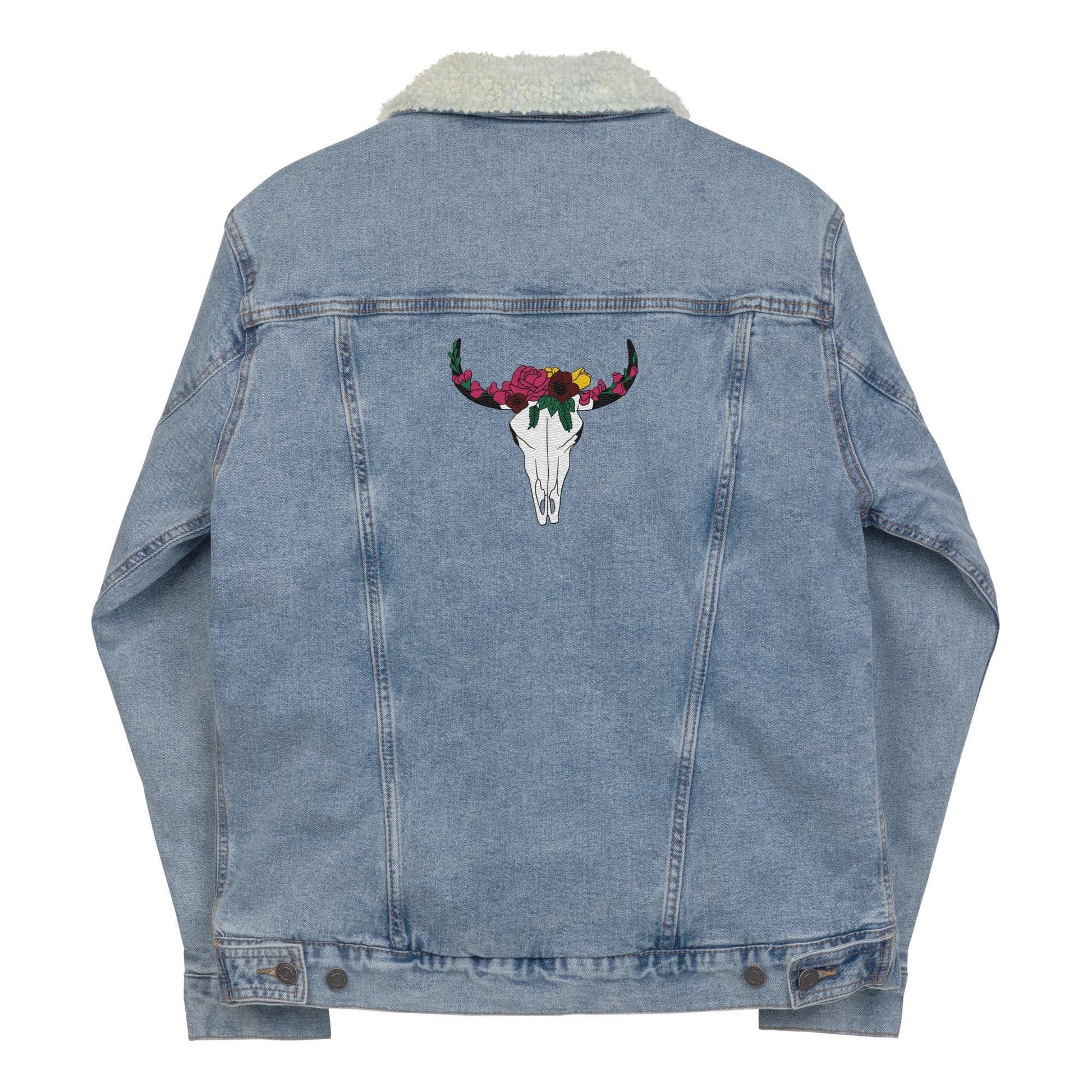Embroidered Floral Cow Skull Denim Sherpa Jacket | Unisex Jean Jacket | Western Boho Style Outerwear