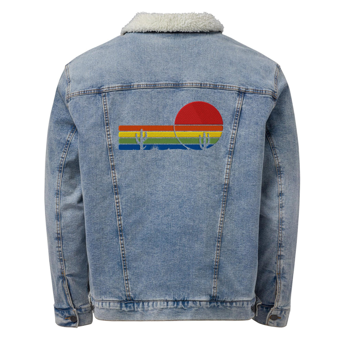 Sunset & Saguaro Denim Sherpa Jacket | Unisex Western-Inspired Outerwear | Sunset and Cactus Embroidery