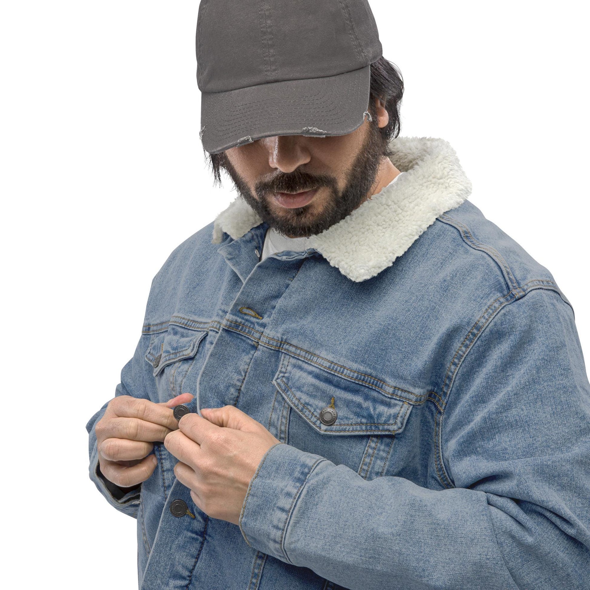 Sunset & Saguaro Denim Sherpa Jacket | Unisex Western-Inspired Outerwear | Sunset and Cactus Embroidery
