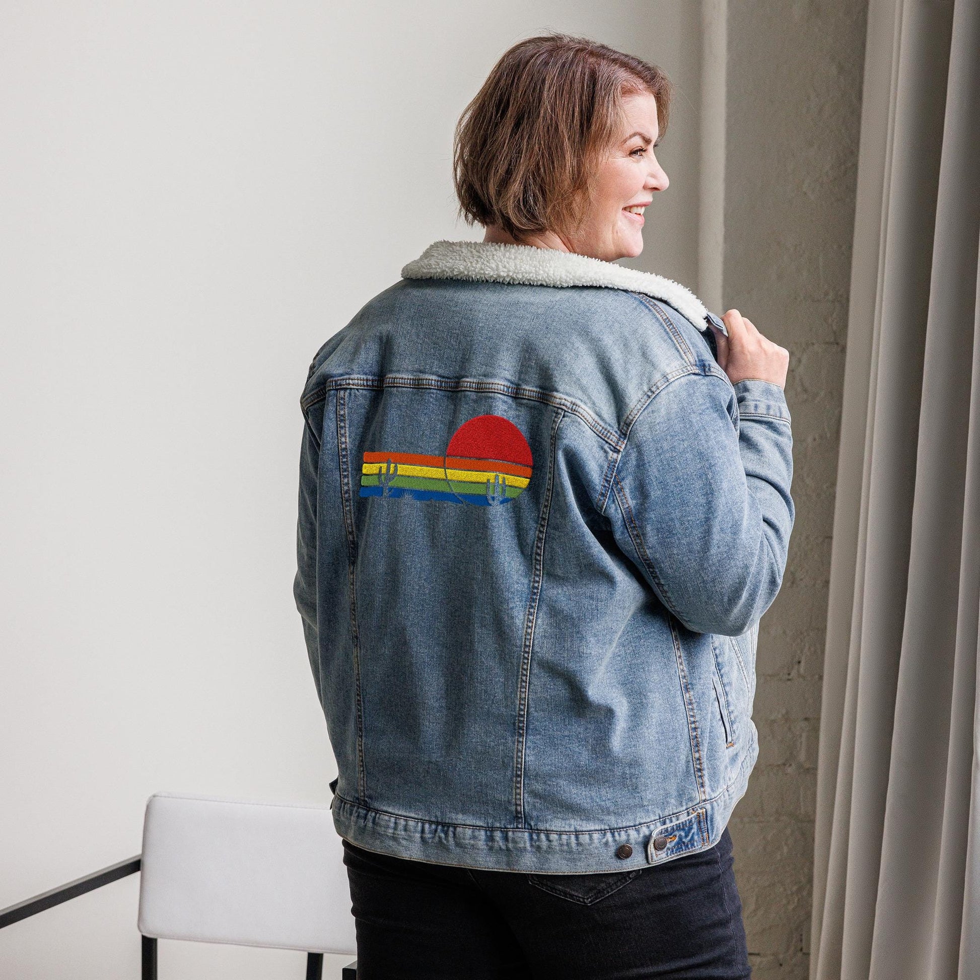 Sunset & Saguaro Denim Sherpa Jacket | Unisex Western-Inspired Outerwear | Sunset and Cactus Embroidery