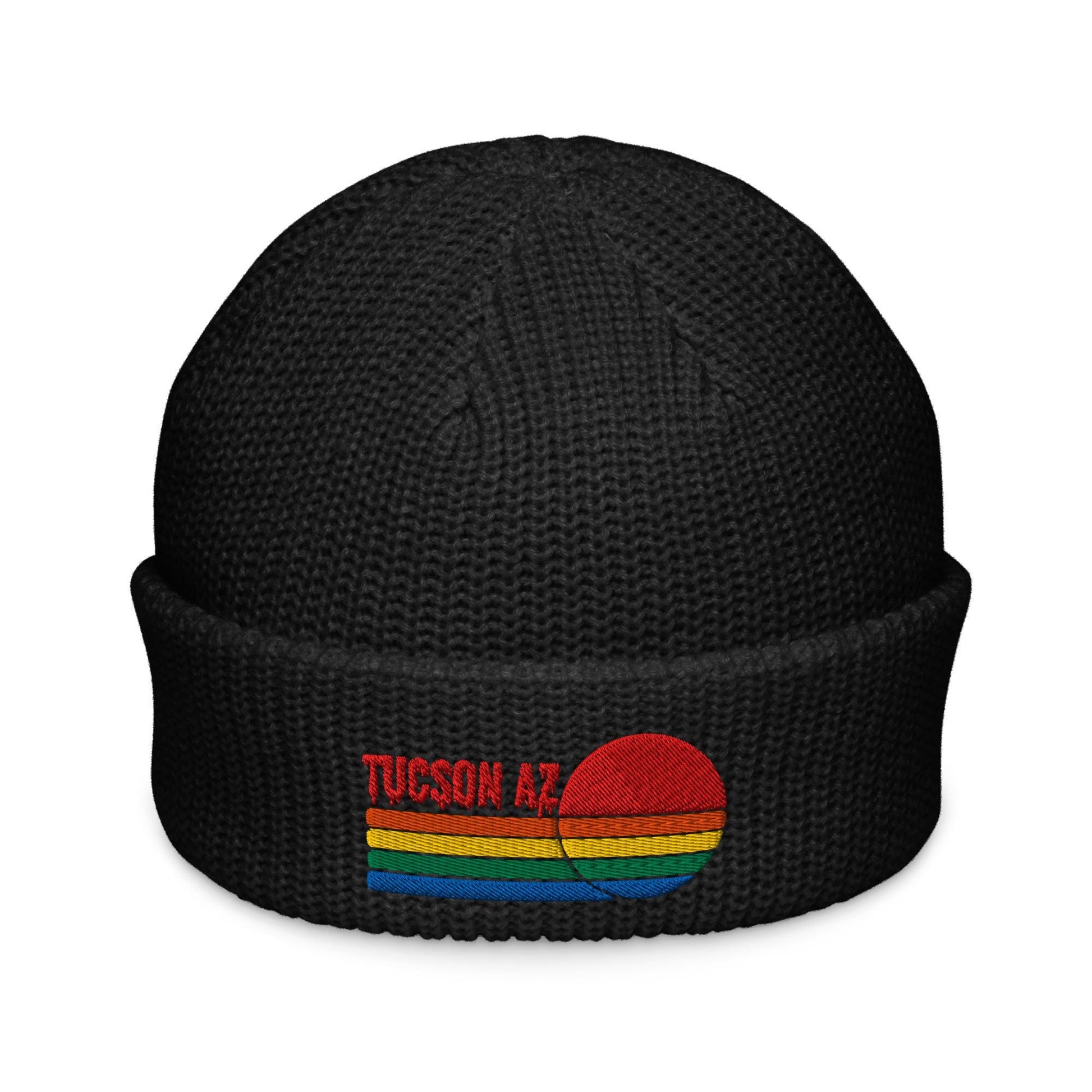 Tucson Knit Beanie | Fisherman Style with Colorful Sunset Embroidery | Sunset Tucson Beanie