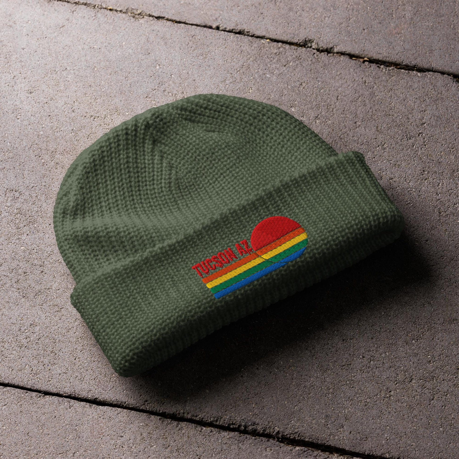 Tucson Knit Beanie | Fisherman Style with Colorful Sunset Embroidery | Sunset Tucson Beanie