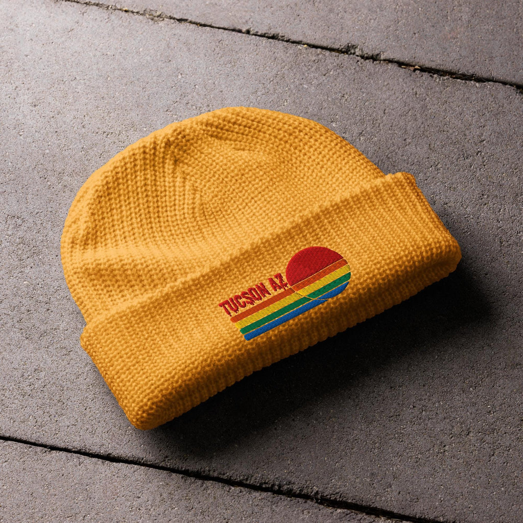 Tucson Knit Beanie | Fisherman Style with Colorful Sunset Embroidery | Sunset Tucson Beanie