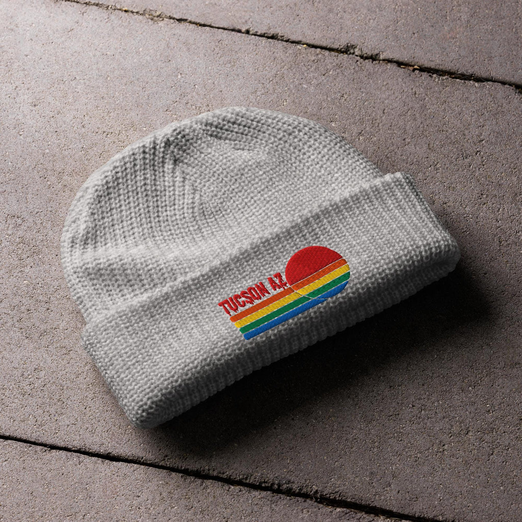 Tucson Knit Beanie | Fisherman Style with Colorful Sunset Embroidery | Sunset Tucson Beanie