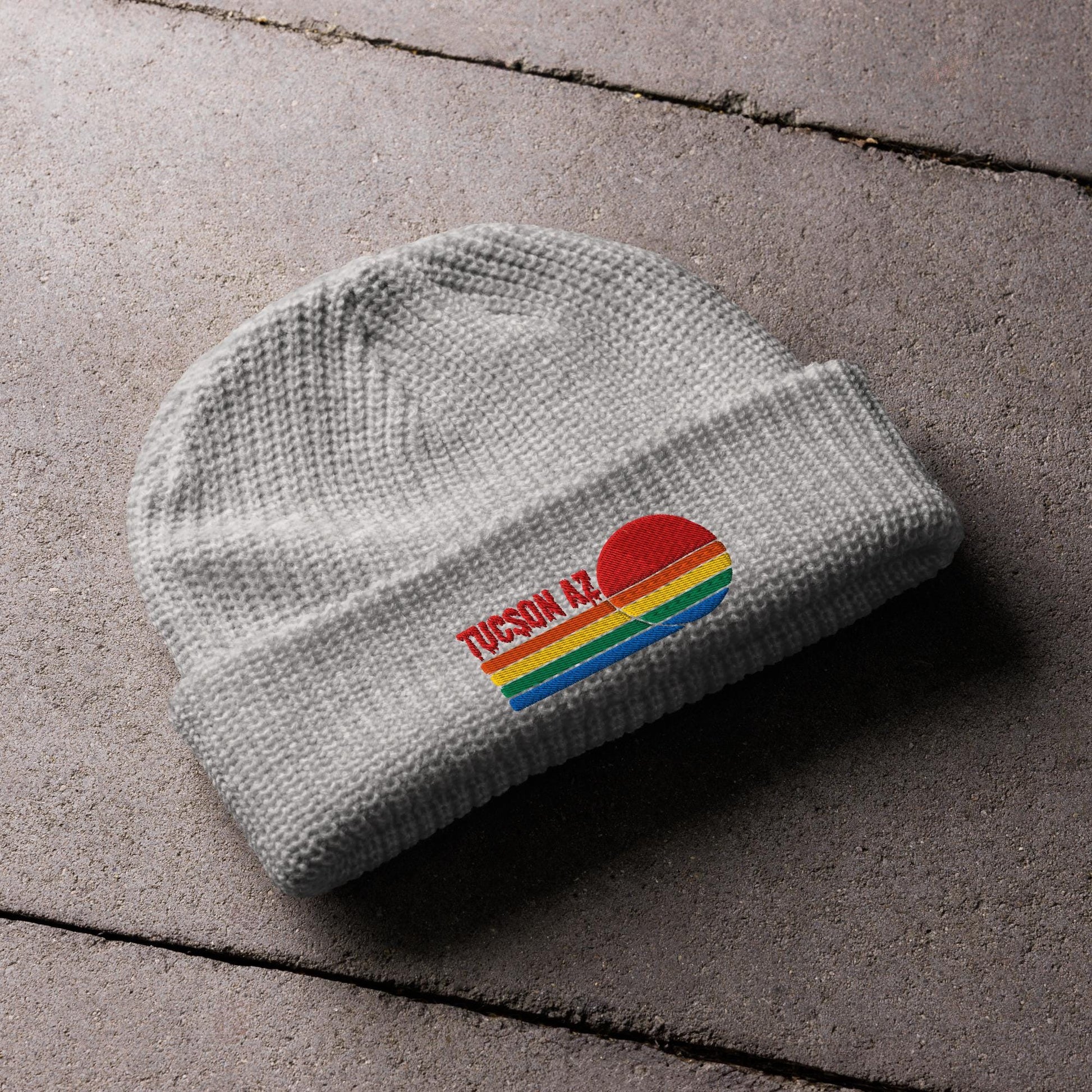 Tucson Knit Beanie | Fisherman Style with Colorful Sunset Embroidery | Sunset Tucson Beanie