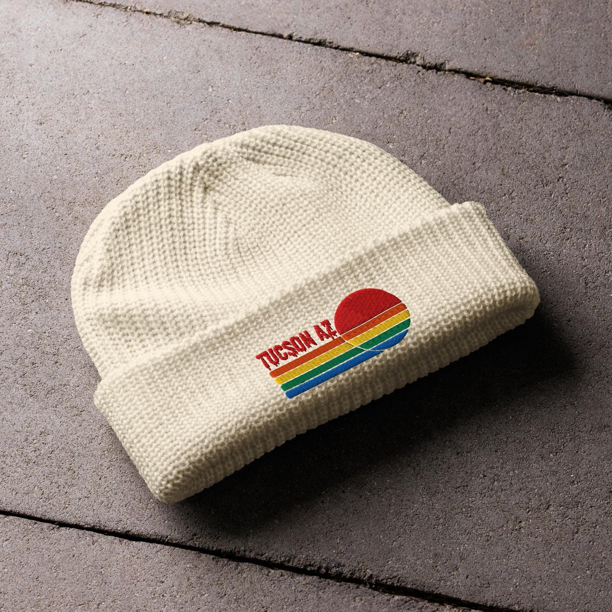Tucson Knit Beanie | Fisherman Style with Colorful Sunset Embroidery | Sunset Tucson Beanie