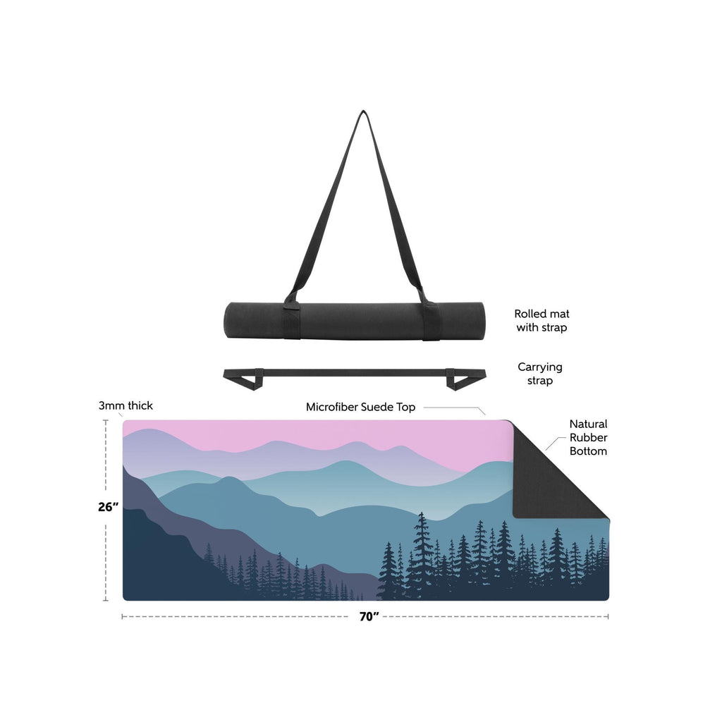 Mountain Scene Yoga Mat | Sunset Forest Design | Non-Slip Suede Top & Rubber Bottom | 70-Inch Mat with Carry Strap