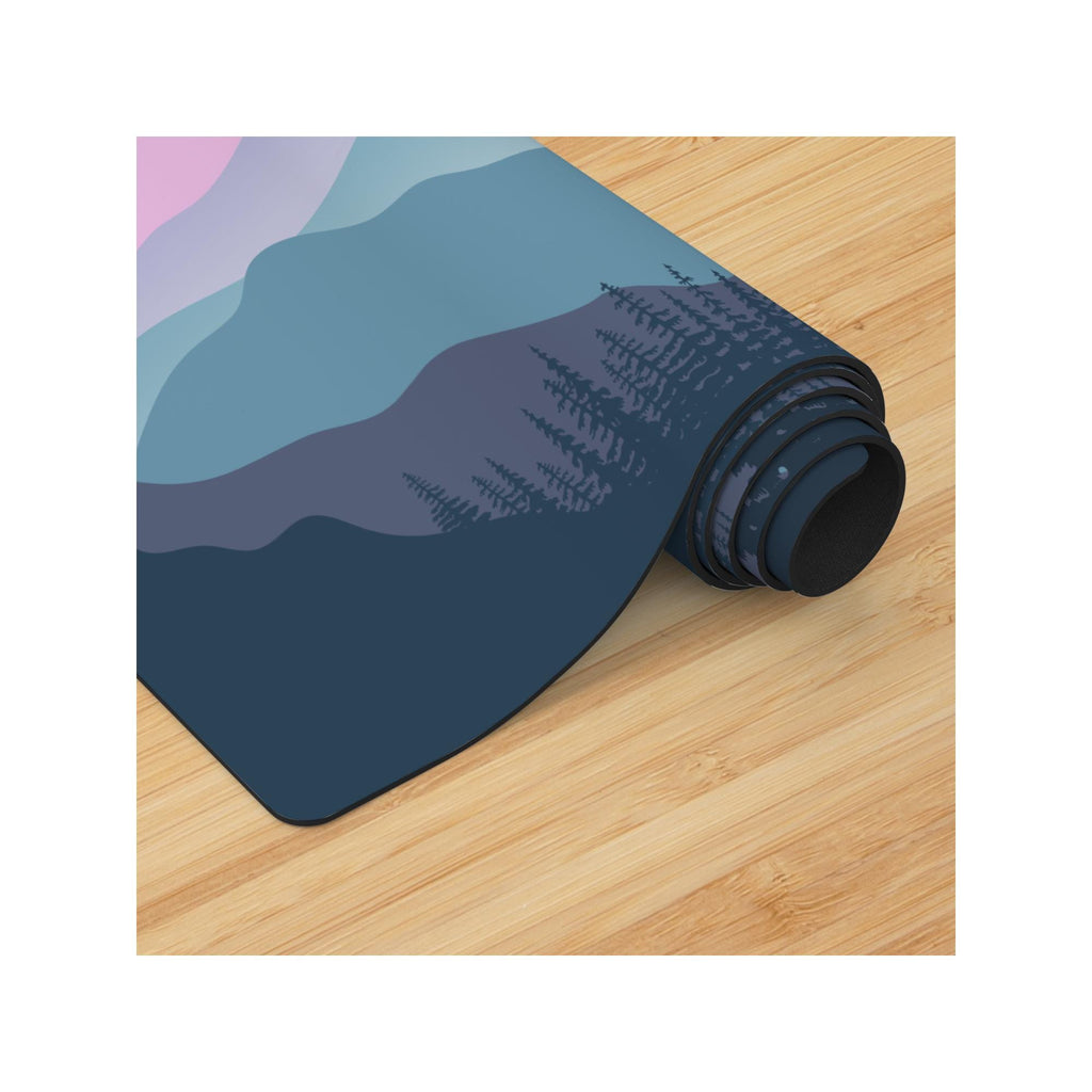 Mountain Scene Yoga Mat | Sunset Forest Design | Non-Slip Suede Top & Rubber Bottom | 70-Inch Mat with Carry Strap