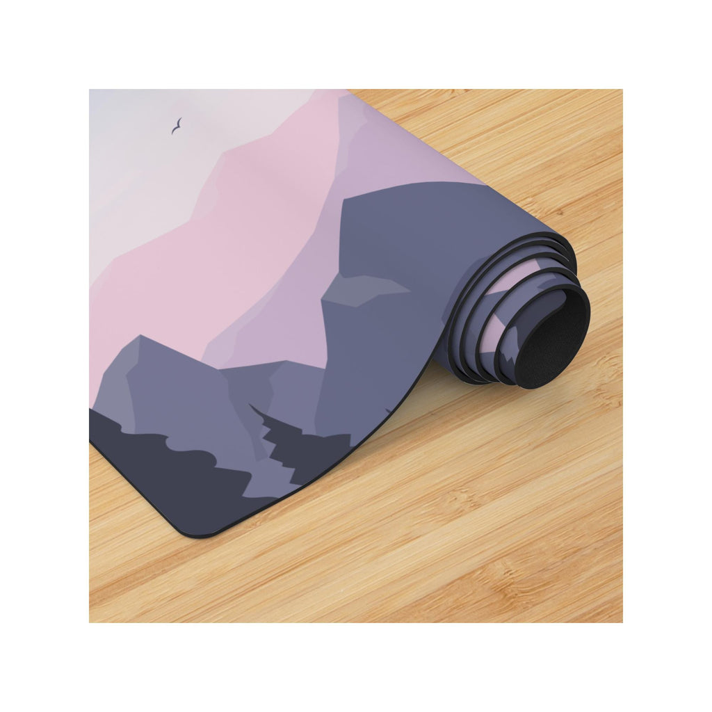 Mountain Yoga Mat | Sunrise Peaks Design with Birds | Non-Slip Suede Top & Rubber Bottom | 70-Inch Mat with Carry Strap