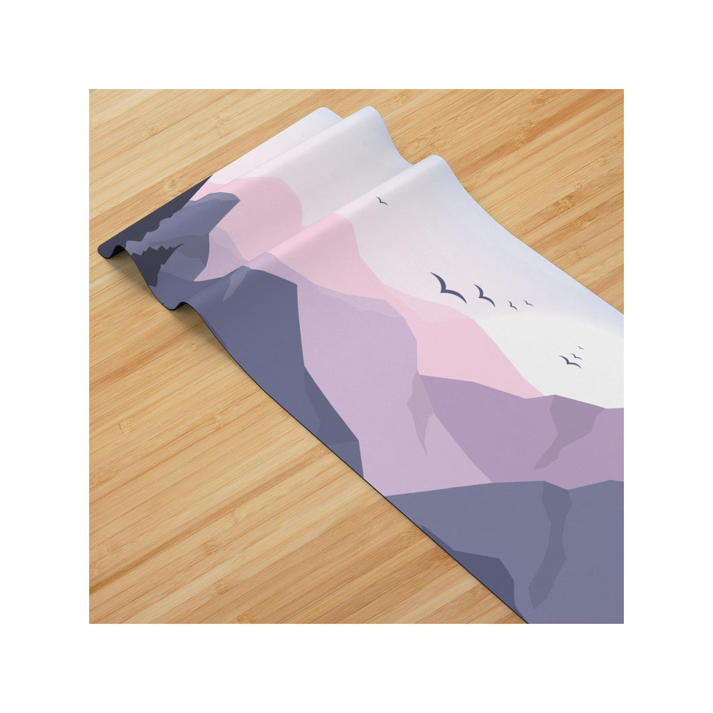 Mountain Yoga Mat | Sunrise Peaks Design with Birds | Non-Slip Suede Top & Rubber Bottom | 70-Inch Mat with Carry Strap