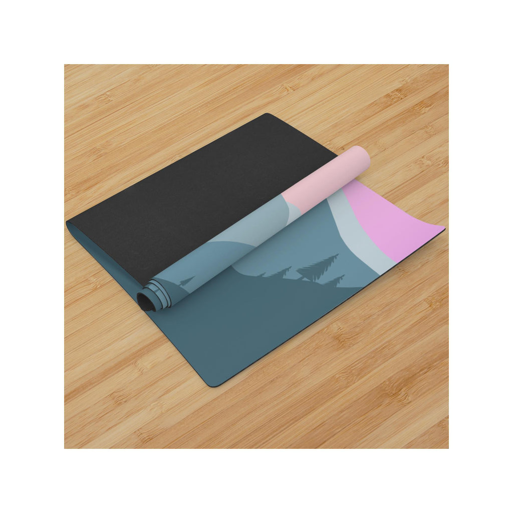 Mountain Forest Yoga Mat | Scenic Peaks and Pink Sky Design | Non-Slip Suede Top with Rubber Bottom | 70-Inch Mat & Carry Strap