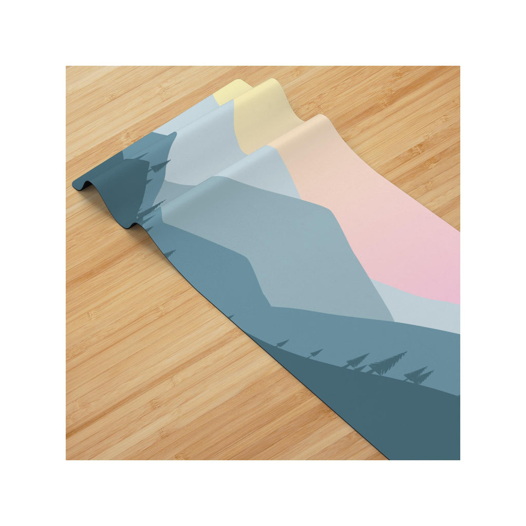 Mountain Forest Yoga Mat | Scenic Peaks and Pink Sky Design | Non-Slip Suede Top with Rubber Bottom | 70-Inch Mat & Carry Strap