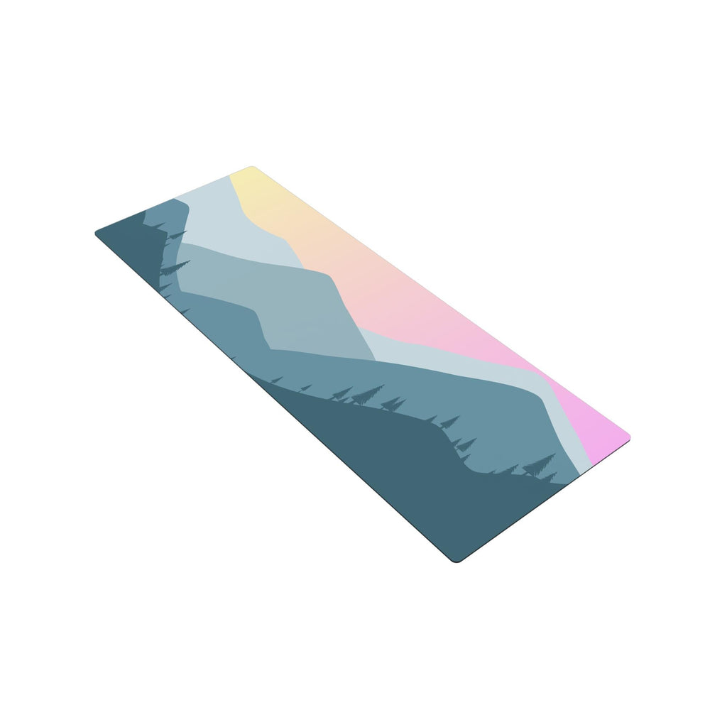 Mountain Forest Yoga Mat | Scenic Peaks and Pink Sky Design | Non-Slip Suede Top with Rubber Bottom | 70-Inch Mat & Carry Strap