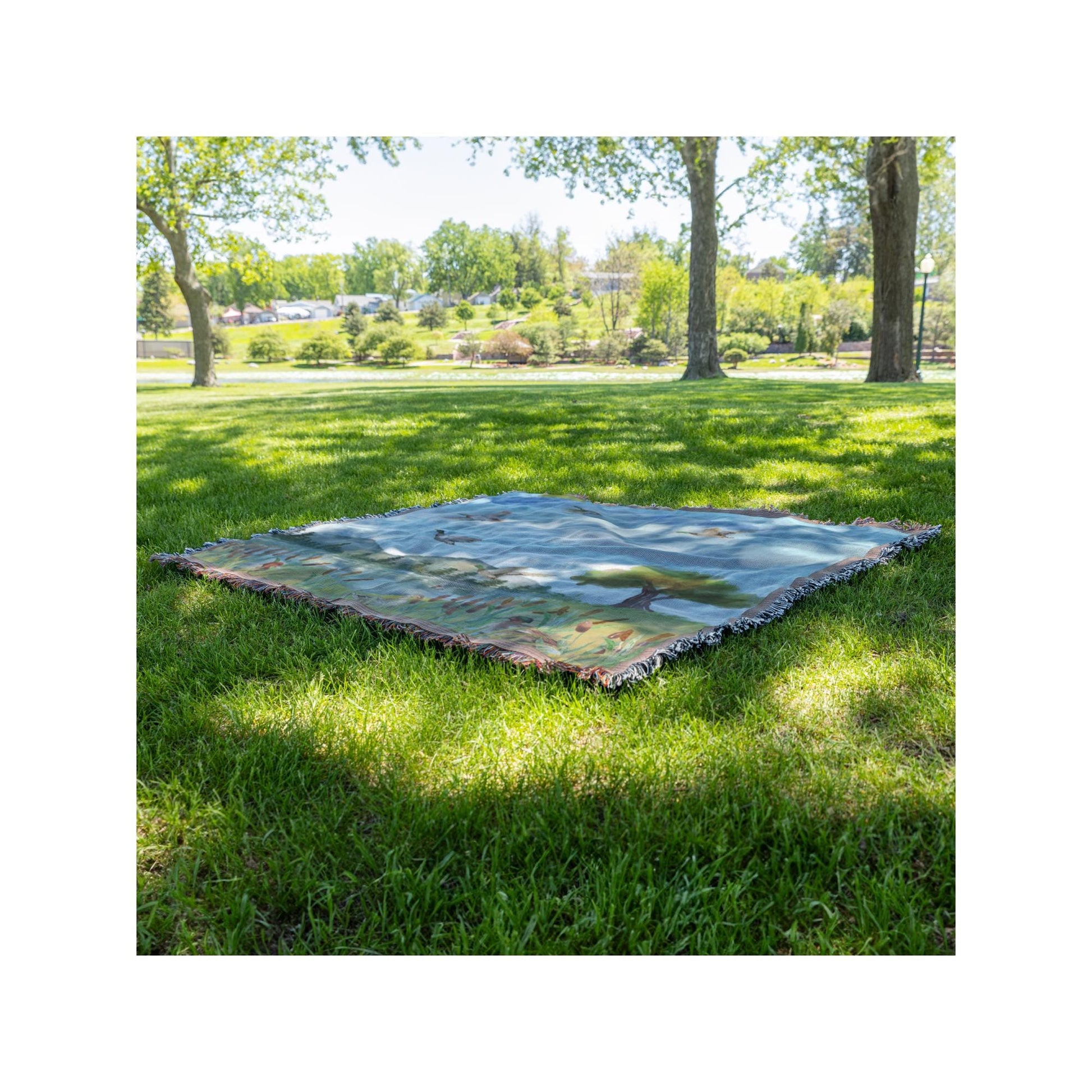 Cottagecore Blanket | Mallard Ducks Flying | Lake & Cattails Design | Rustic Mountain Decor