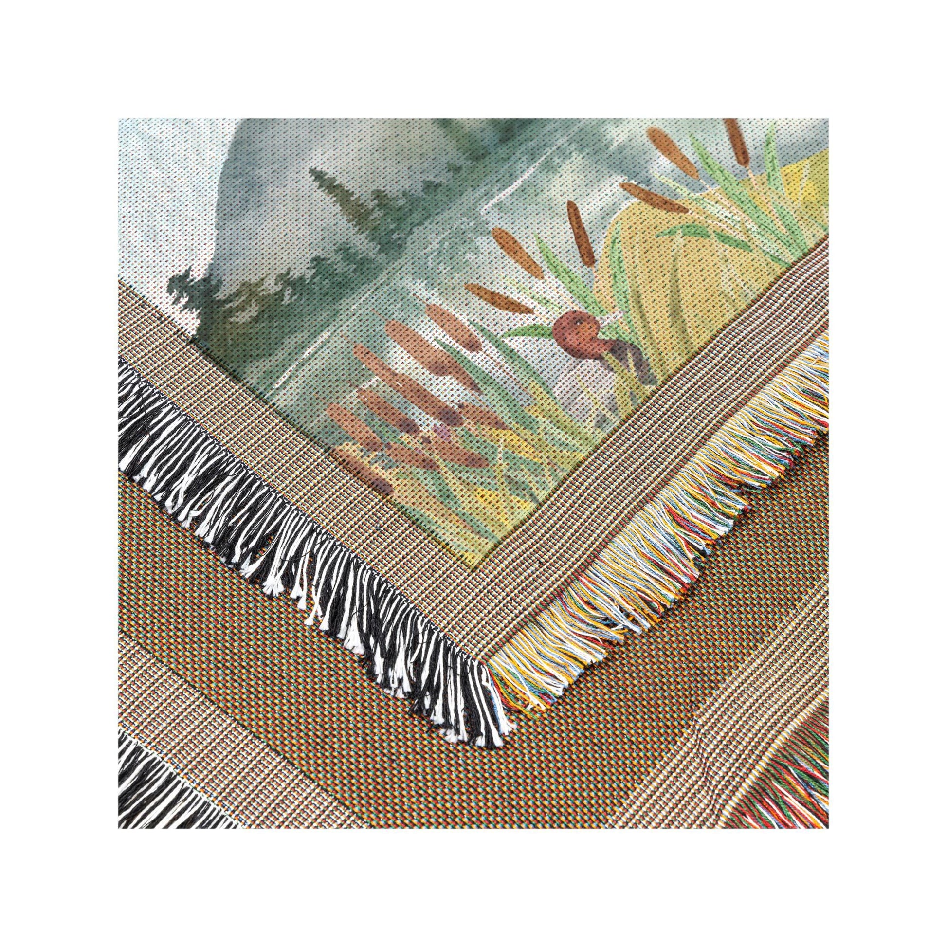 Cottagecore Blanket | Mallard Ducks Flying | Lake & Cattails Design | Rustic Mountain Decor