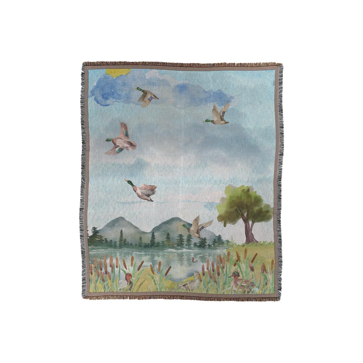 Cottagecore Blanket | Mallard Ducks Flying | Lake & Cattails Design | Rustic Mountain Decor
