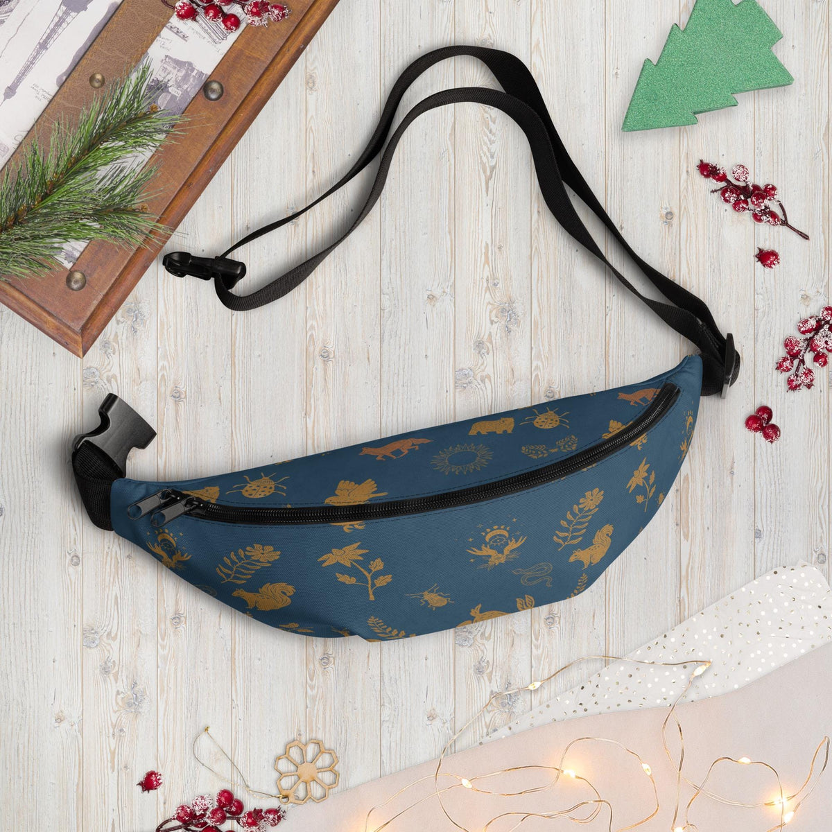 Cottagecore Boho Fanny Pack | Boho Animal Print | Moon Phase & Animals | Dark Blue