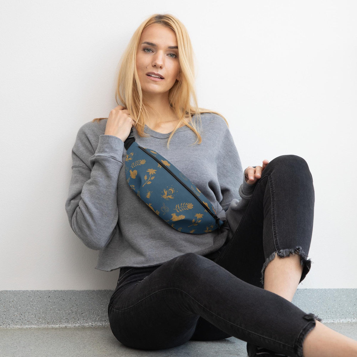 Cottagecore Boho Fanny Pack | Boho Animal Print | Moon Phase & Animals | Dark Blue