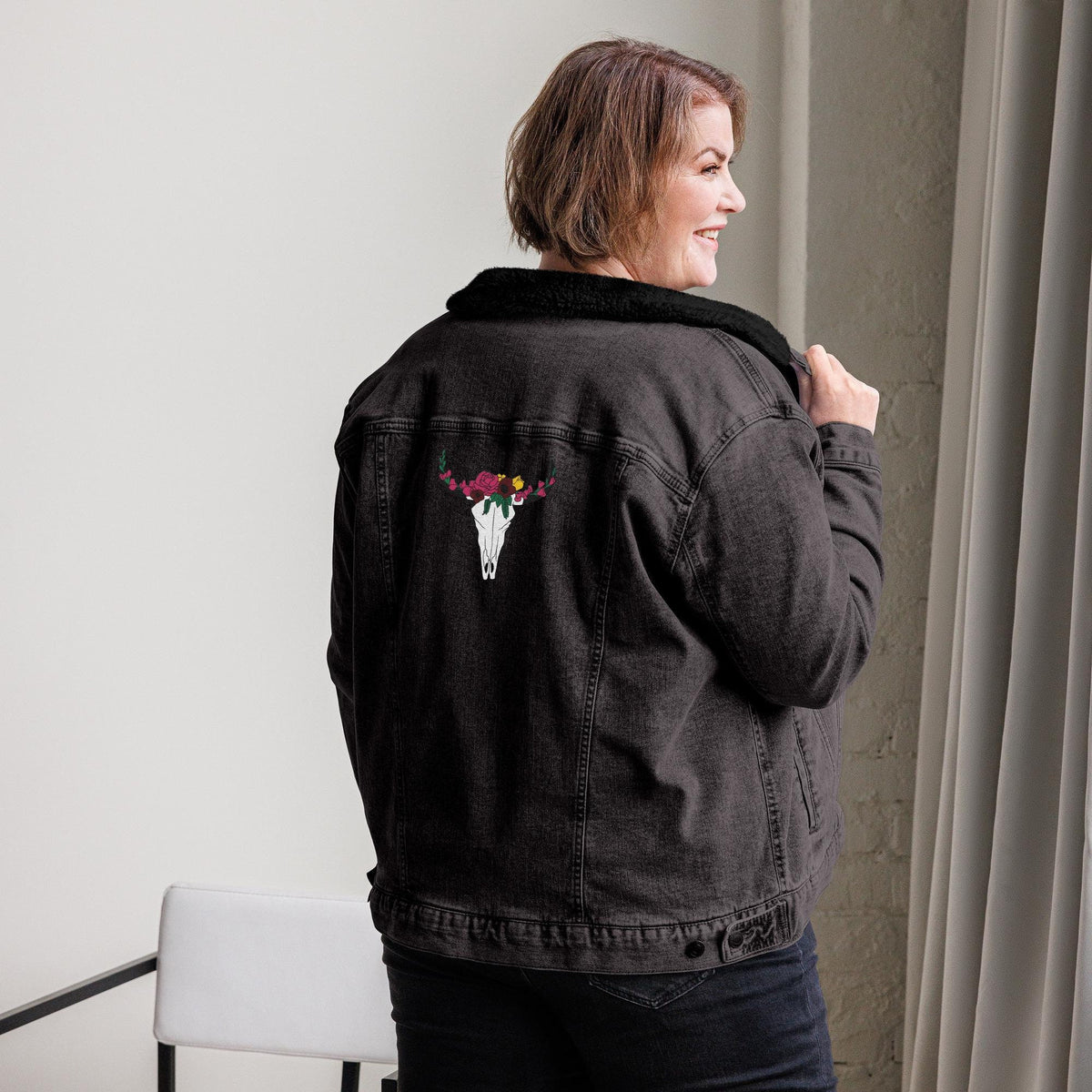 Embroidered Floral Cow Skull Denim Sherpa Jacket | Unisex Jean Jacket | Western Boho Style Outerwear