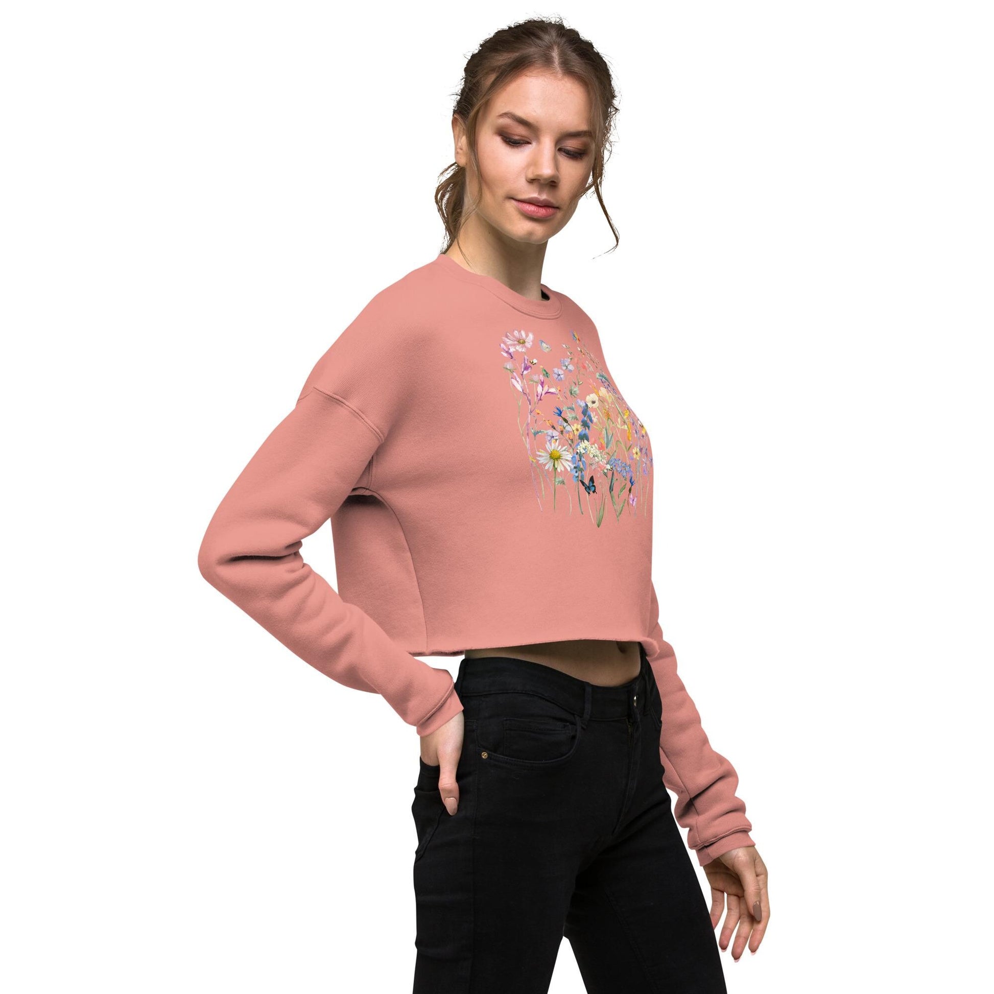 Watercolor Wildflowers Crop Sweatshirt | Botanical Floral Shirt | Cottagecore | Boho | Gift For Gardeners and Nature Lovers
