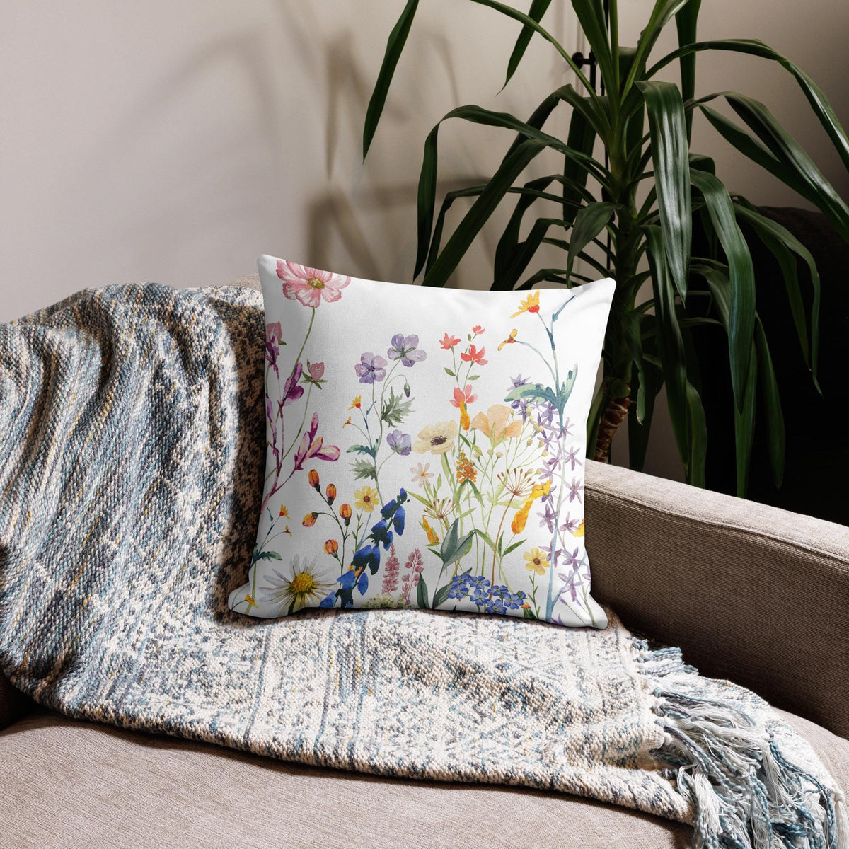 Watercolor Wildflowers Premium Pillow | Boho Floral Pillow | Cottagecore Botanical Accent