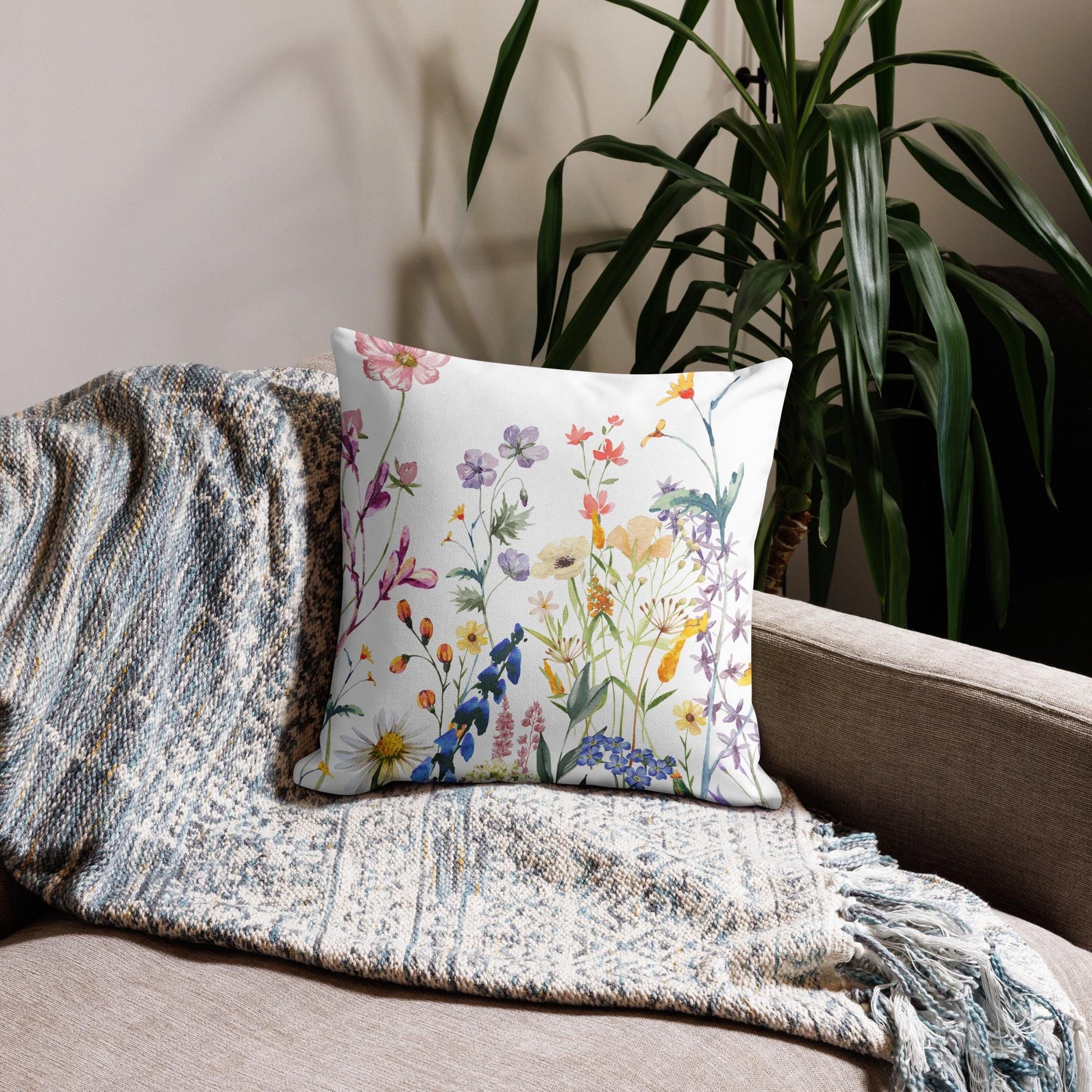 Watercolor Wildflowers Premium Pillow | Boho Floral Pillow | Cottagecore Botanical Accent
