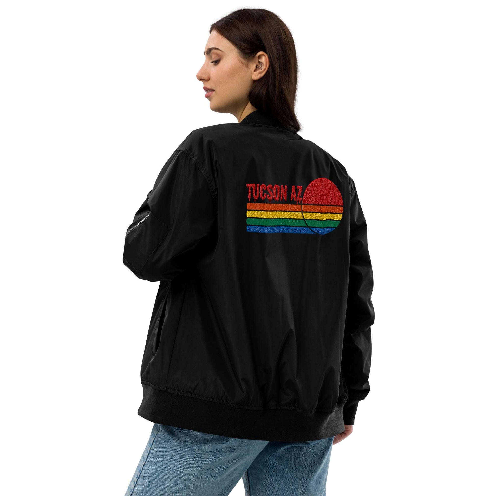 Tucson Drip Bomber Jacket | Red Sun Design | Arizona Style for Sunshine Lovers | Trendy Outerwear