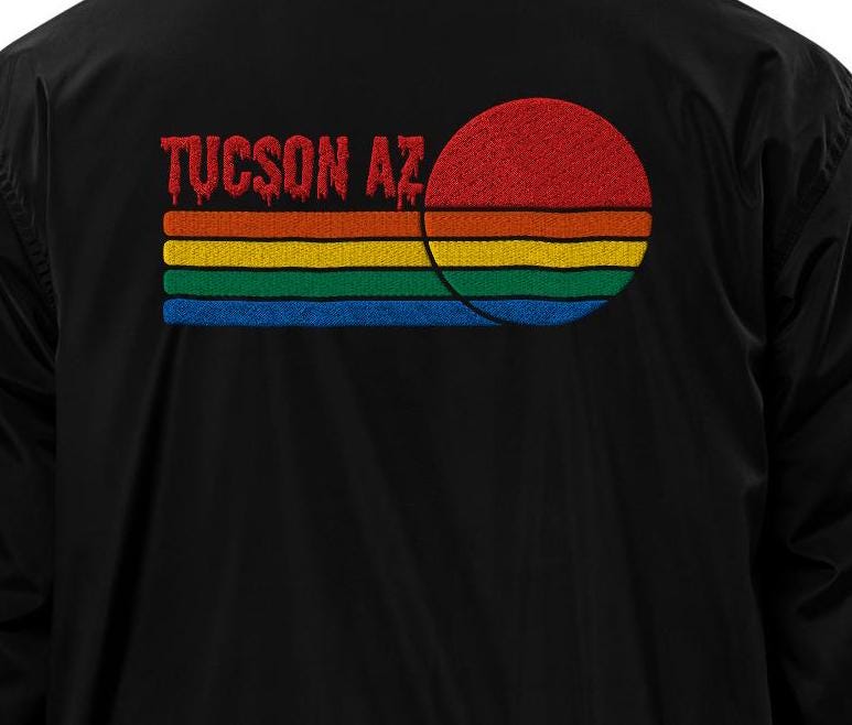 Tucson Drip Bomber Jacket | Red Sun Design | Arizona Style for Sunshine Lovers | Trendy Outerwear