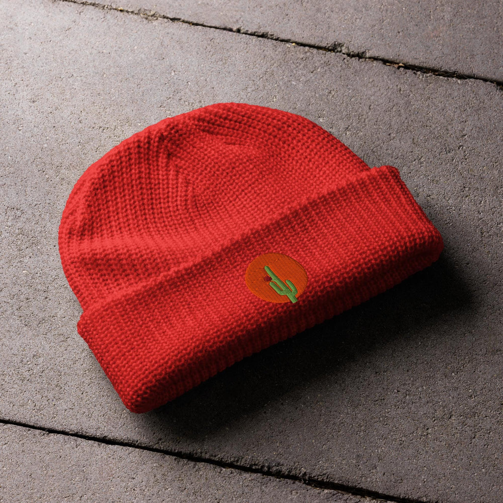 Saguaro Cactus Beanie | Embroidered Fisherman Winter Hat | Saguaro Bloom Design | Unique Cactus Knit Cap for Cold Weather