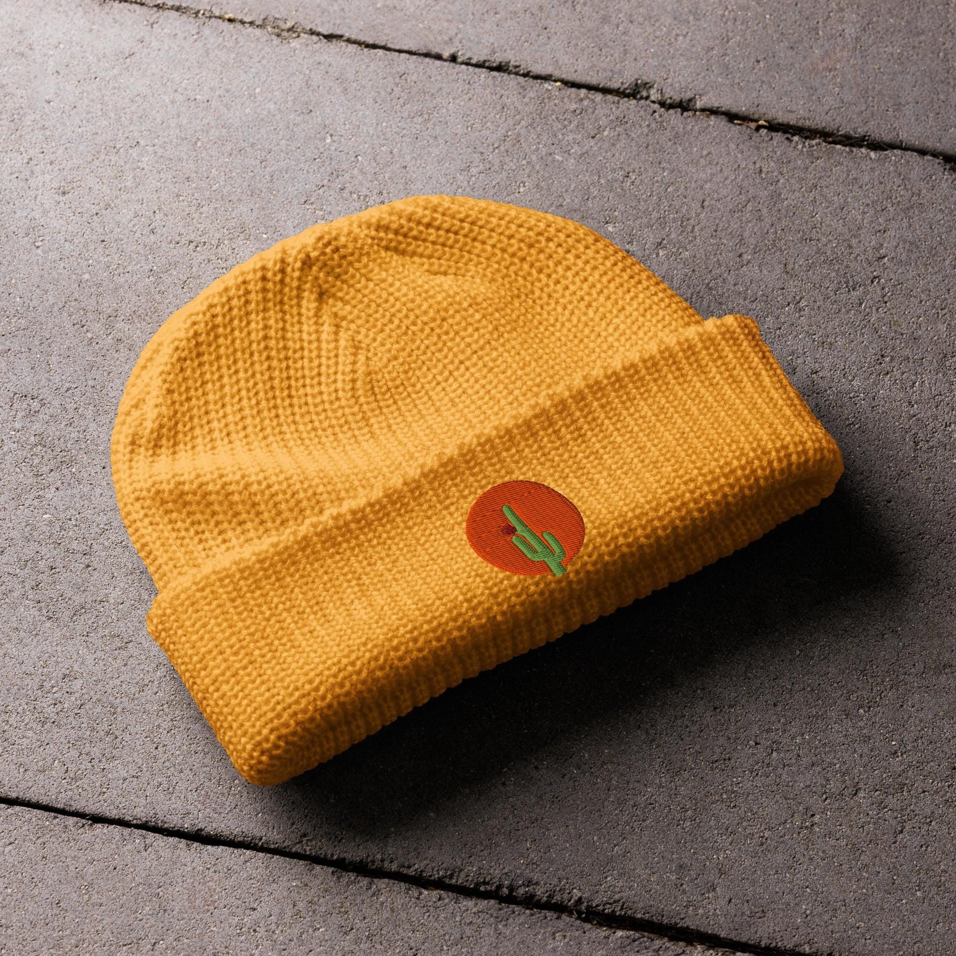 Saguaro Cactus Beanie | Embroidered Fisherman Winter Hat | Saguaro Bloom Design | Unique Cactus Knit Cap for Cold Weather