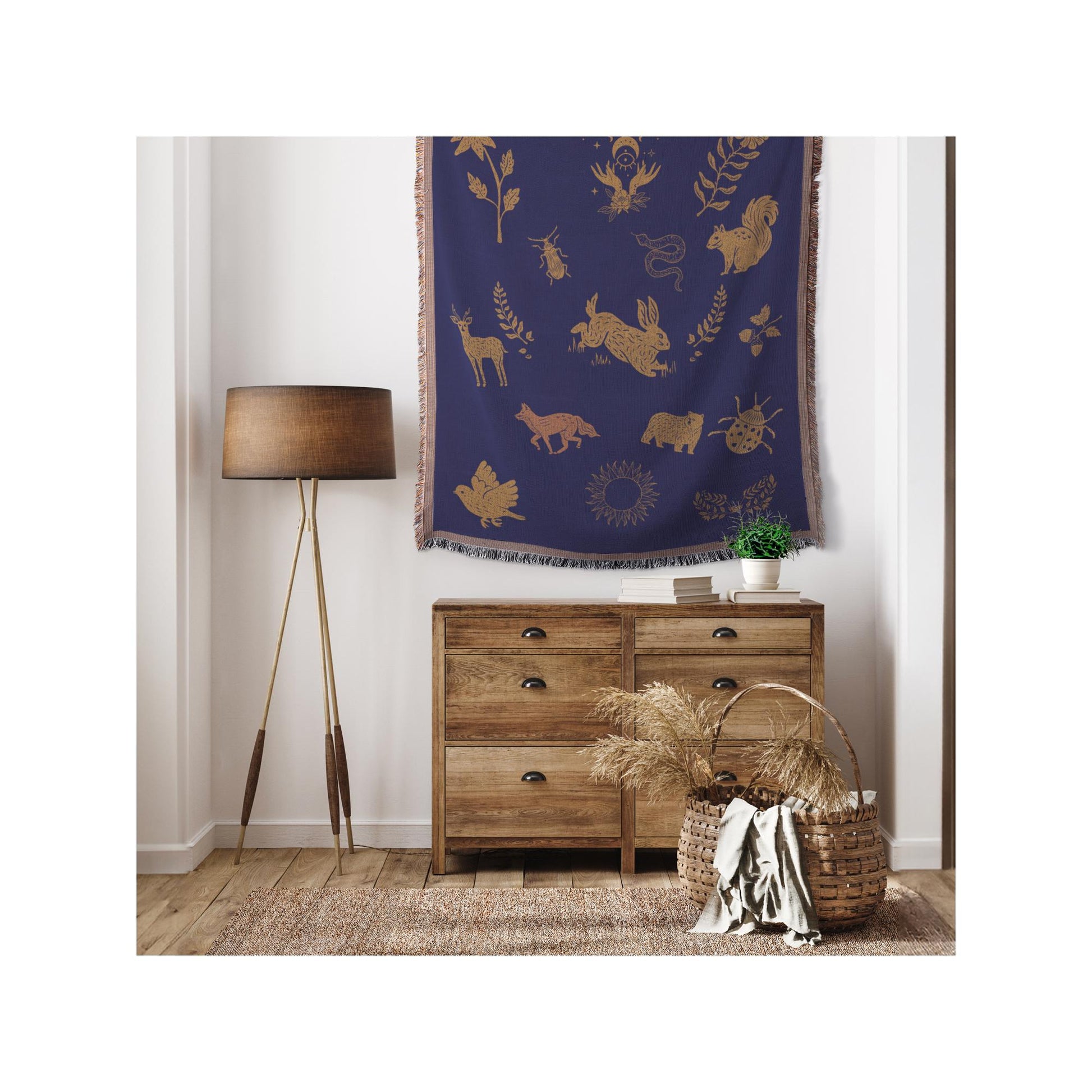 Boho Celestial Throw | Moon Phases & Animals Blanket | Cottagecore Celestial Decor | Mystical Home Decor