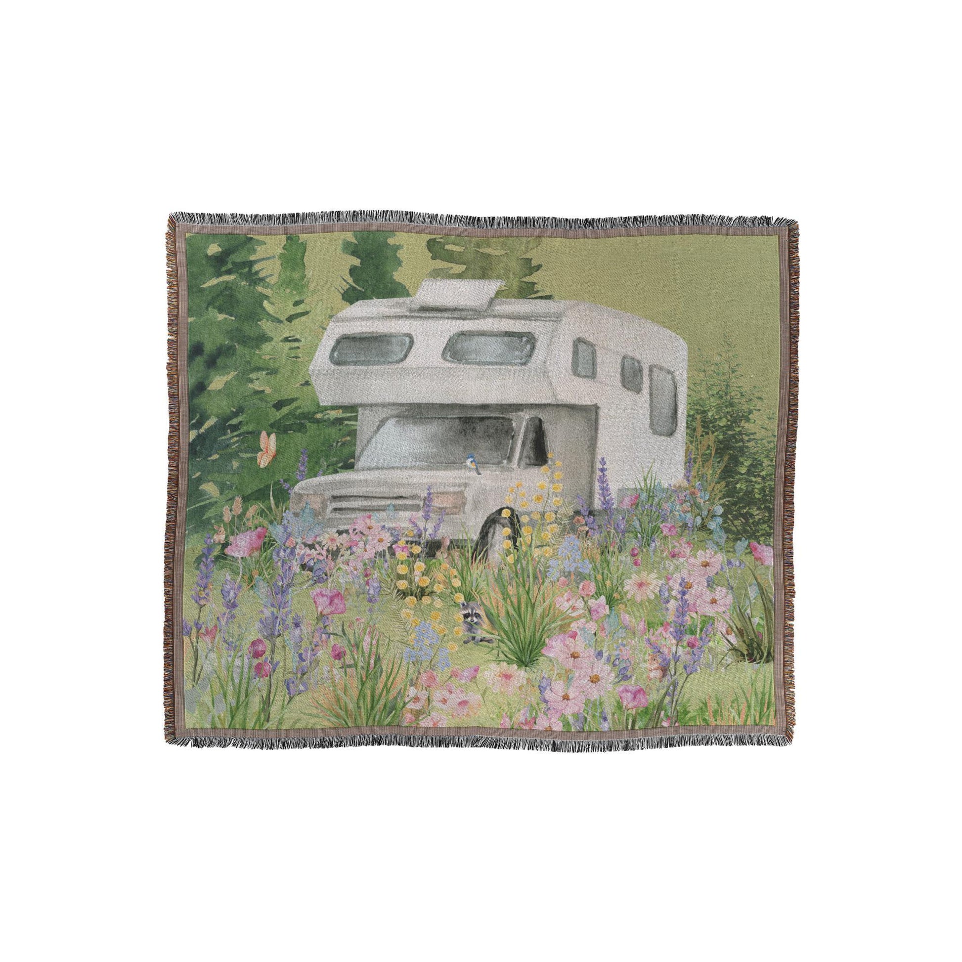 Watercolor Dolphin Camper Blanket | Vintage Camper Truck with Wildflowers | Boho Travel Blanket | Retro RV Decor | Nature-Inspired Throw