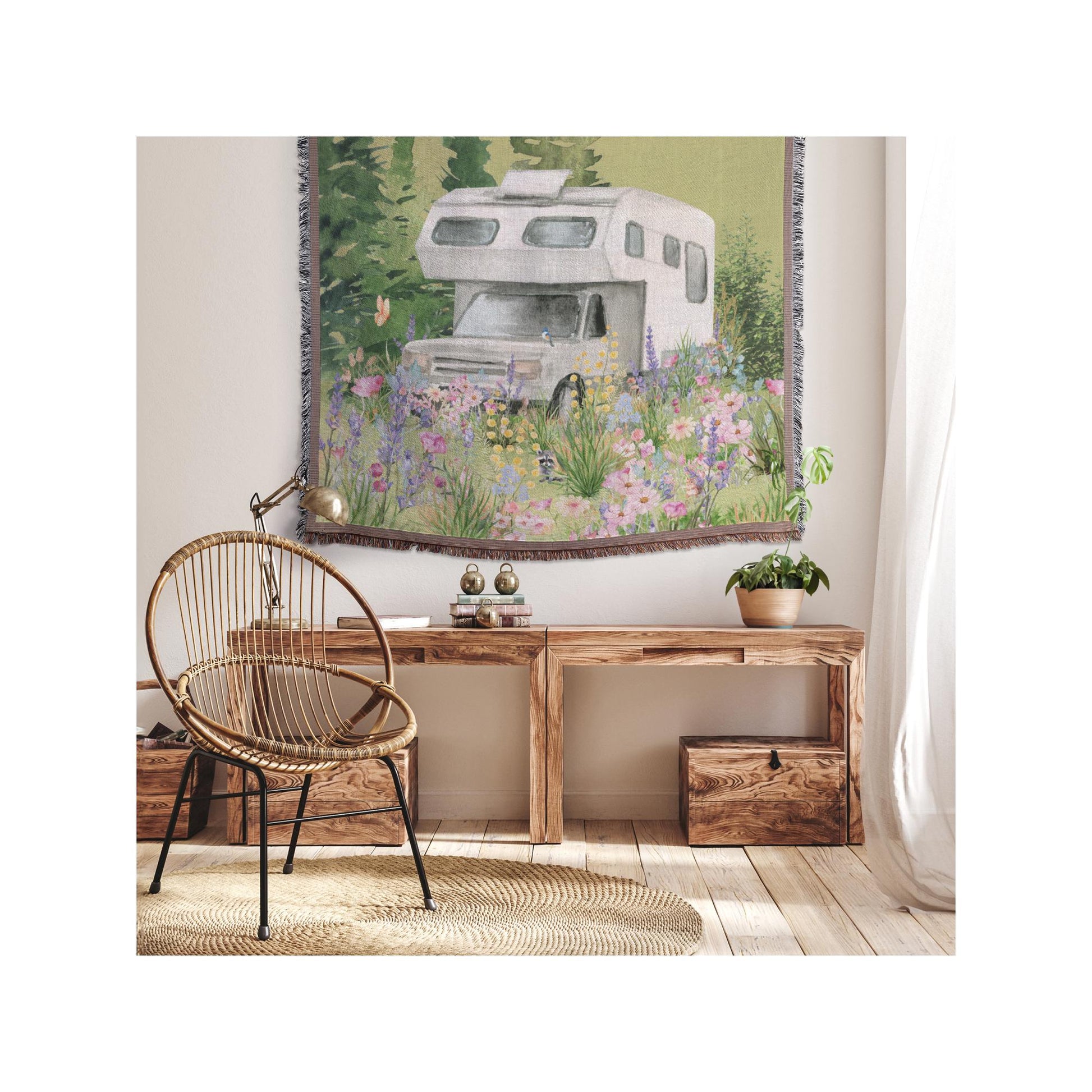 Watercolor Dolphin Camper Blanket | Vintage Camper Truck with Wildflowers | Boho Travel Blanket | Retro RV Decor | Nature-Inspired Throw