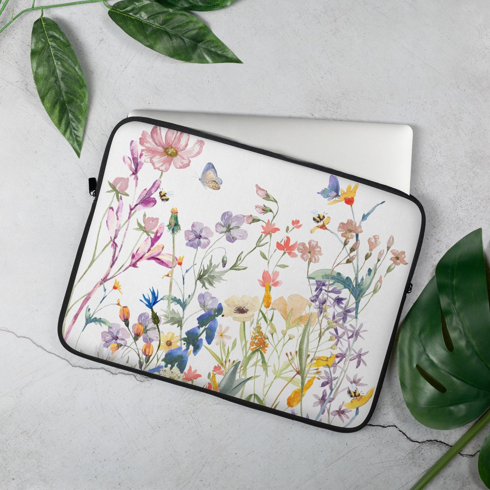 Watercolor Wildflowers Laptop Sleeve | Botanical Design Tech Accessories for Laptop Protection & Style